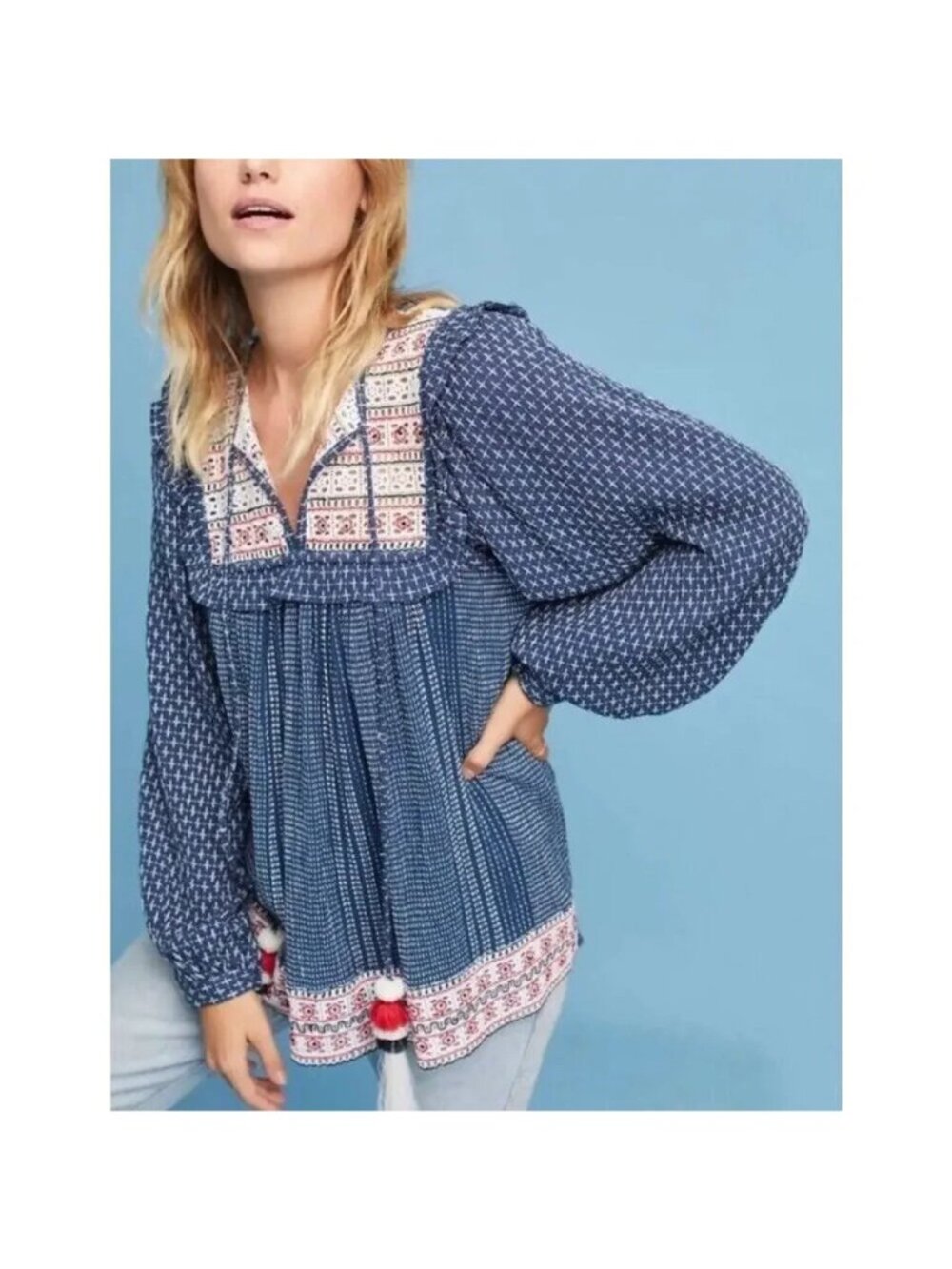 Anthropologie Hemant & Nandita Serafina Blouse SMALL Embroidered Peasant  Top